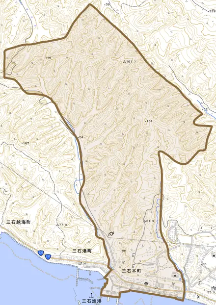 三石本町とその周辺の地図。町の範囲を重ねている