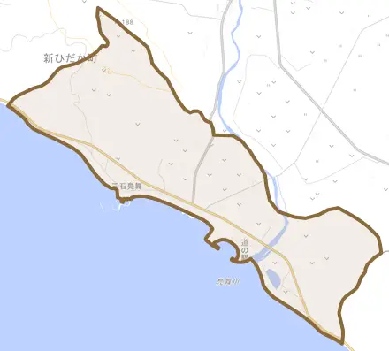三石鳧舞とその周辺の地図。町の範囲を重ねている