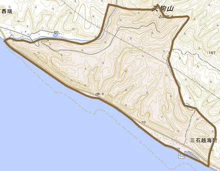 三石越海町とその周辺の地図。町の範囲を重ねている