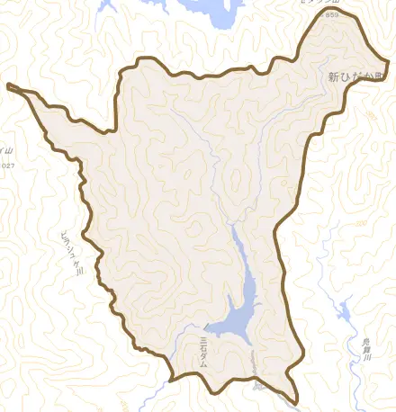 三石美河とその周辺の地図。町の範囲を重ねている