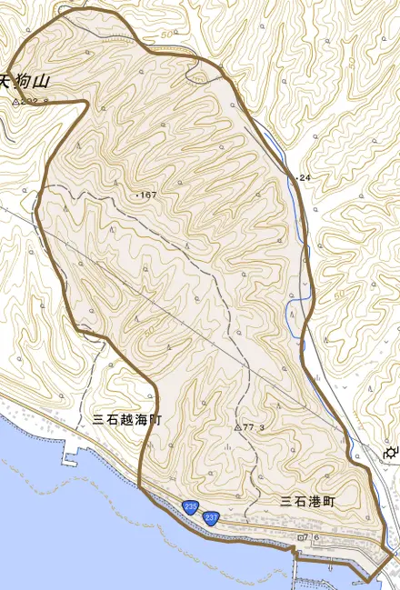 三石港町とその周辺の地図。町の範囲を重ねている