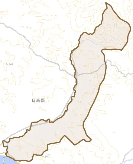 三石西端とその周辺の地図。町の範囲を重ねている