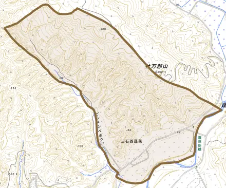 三石西蓬莱とその周辺の地図。町の範囲を重ねている