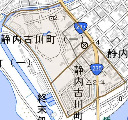 静内古川町とその周辺の地図。町の範囲を重ねている