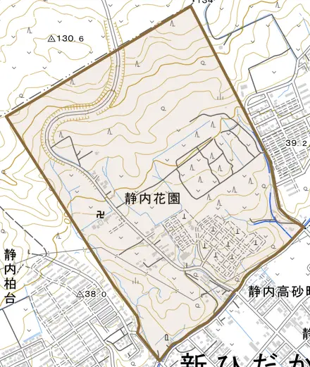 静内花園とその周辺の地図。町の範囲を重ねている