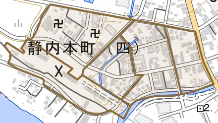 静内本町とその周辺の地図。町の範囲を重ねている
