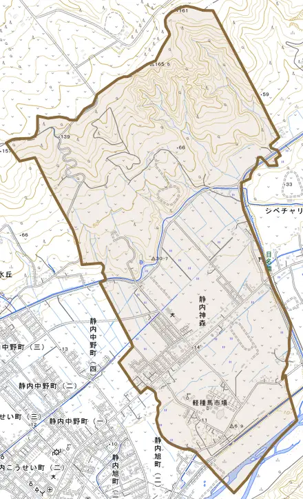 静内神森とその周辺の地図。町の範囲を重ねている