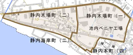 静内木場町とその周辺の地図。町の範囲を重ねている
