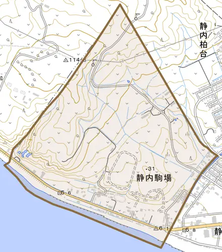 静内駒場とその周辺の地図。町の範囲を重ねている