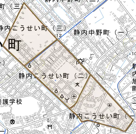 静内こうせい町とその周辺の地図。町の範囲を重ねている