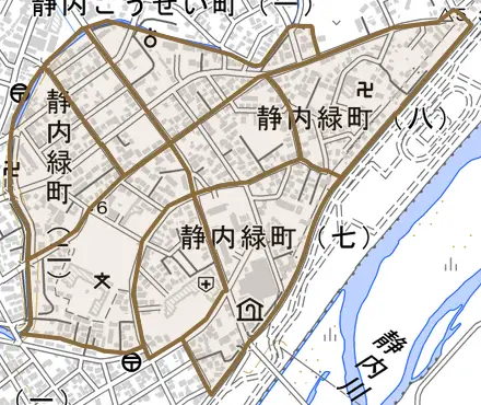 静内緑町とその周辺の地図。町の範囲を重ねている