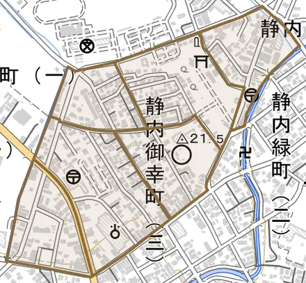 静内御幸町とその周辺の地図。町の範囲を重ねている