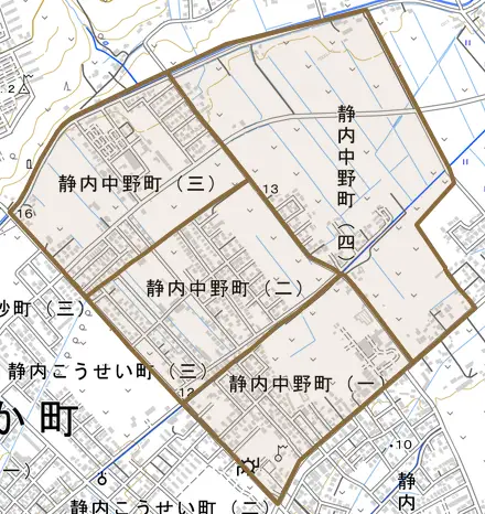 静内中野町とその周辺の地図。町の範囲を重ねている