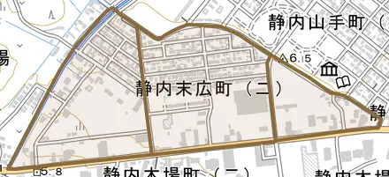静内末広町とその周辺の地図。町の範囲を重ねている