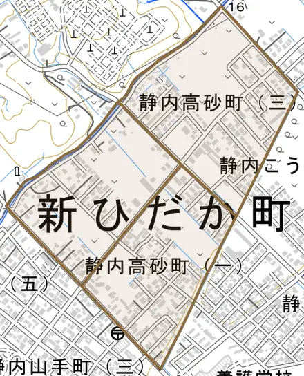静内高砂町とその周辺の地図。町の範囲を重ねている