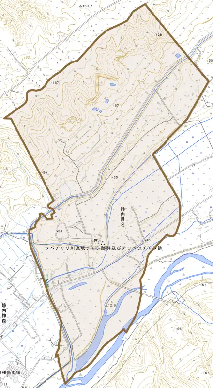 静内目名とその周辺の地図。町の範囲を重ねている