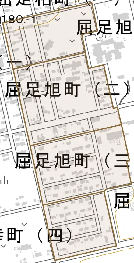屈足旭町とその周辺の地図。町の範囲を重ねている