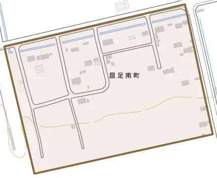屈足南町とその周辺の地図。町の範囲を重ねている