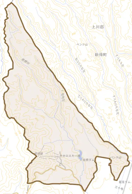 字新内とその周辺の地図。町の範囲を重ねている