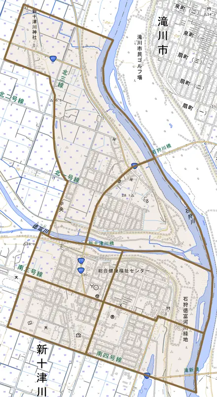 字中央とその周辺の地図。町の範囲を重ねている