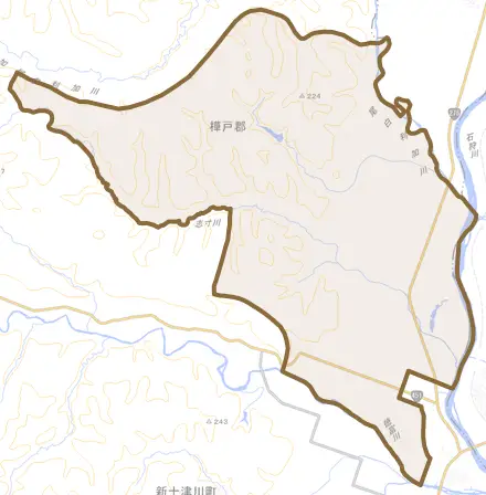 字大和とその周辺の地図。町の範囲を重ねている