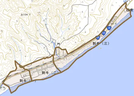 刺牛とその周辺の地図。町の範囲を重ねている