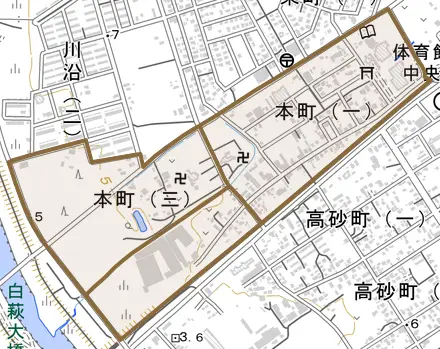 本町とその周辺の地図。町の範囲を重ねている
