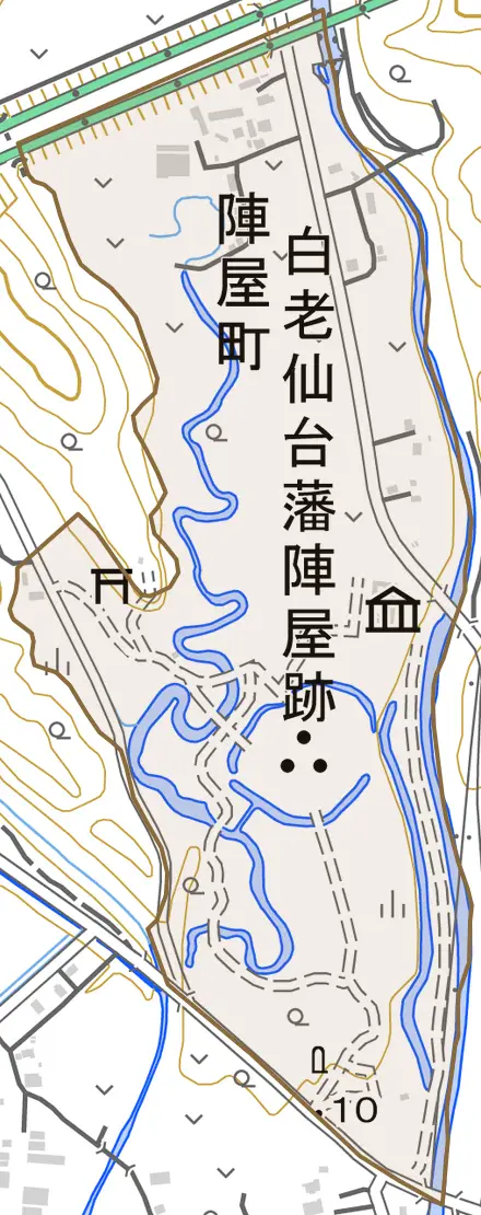 陣屋町とその周辺の地図。町の範囲を重ねている