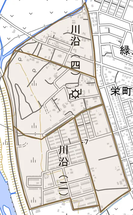 川沿とその周辺の地図。町の範囲を重ねている