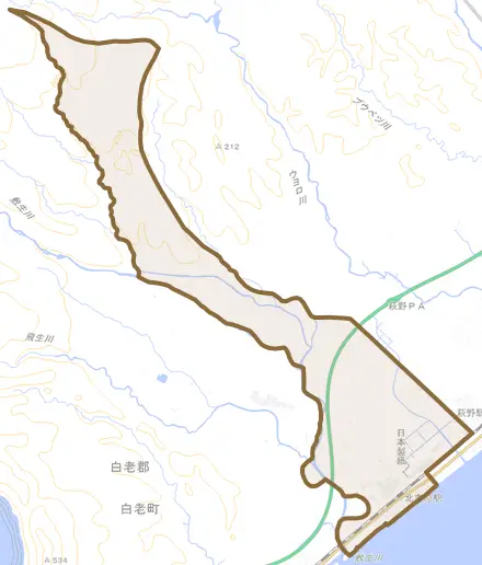 字北吉原とその周辺の地図。町の範囲を重ねている