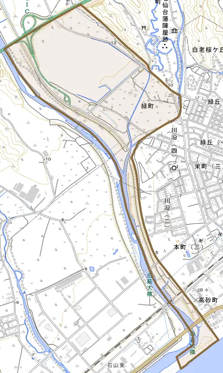 緑町とその周辺の地図。町の範囲を重ねている