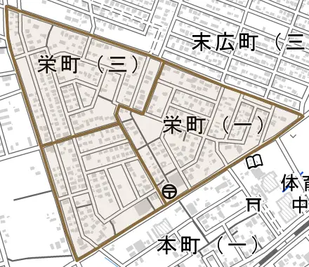 栄町とその周辺の地図。町の範囲を重ねている