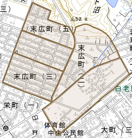 末広町とその周辺の地図。町の範囲を重ねている