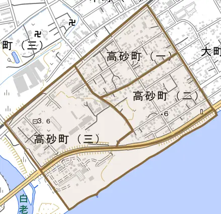 高砂町とその周辺の地図。町の範囲を重ねている