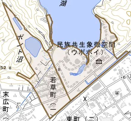 若草町とその周辺の地図。町の範囲を重ねている