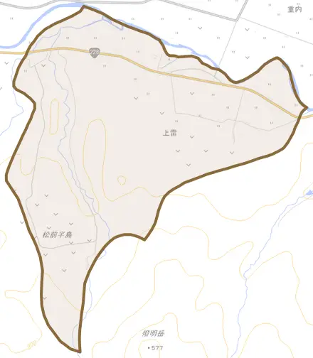 字上雷とその周辺の地図。町の範囲を重ねている