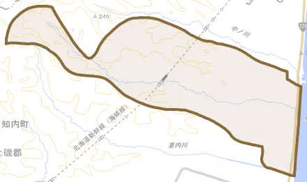 字森越とその周辺の地図。町の範囲を重ねている