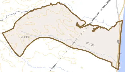 字中ノ川とその周辺の地図。町の範囲を重ねている