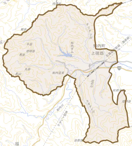 字湯ノ里とその周辺の地図。町の範囲を重ねている