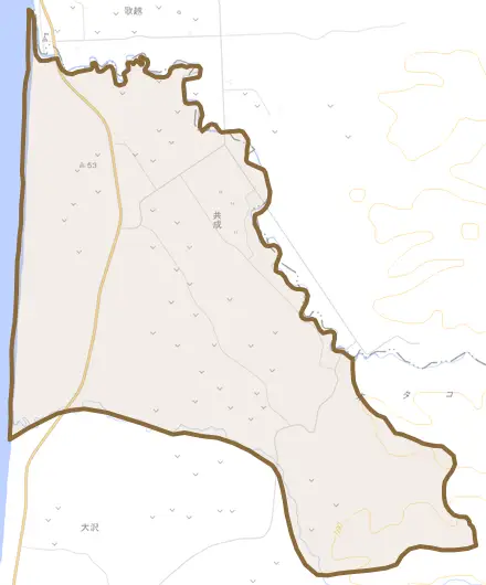 字共成とその周辺の地図。町の範囲を重ねている