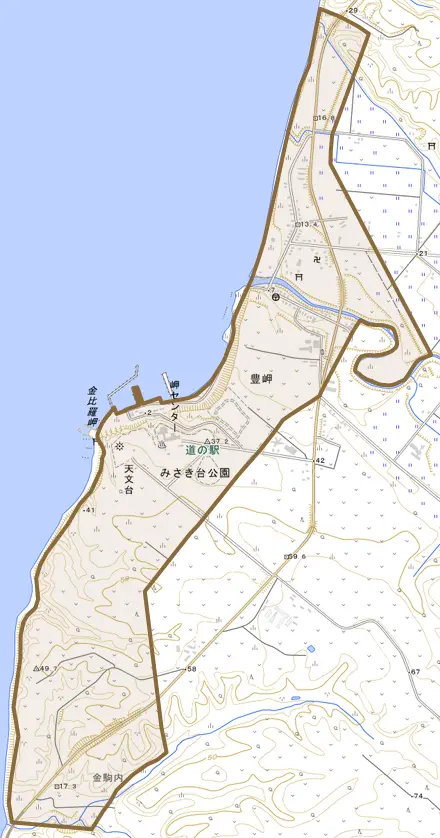 字豊岬とその周辺の地図。町の範囲を重ねている