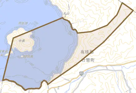 字東湖畔とその周辺の地図。町の範囲を重ねている