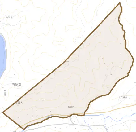 字久保内とその周辺の地図。町の範囲を重ねている