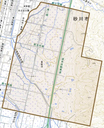 東豊沼とその周辺の地図。町の範囲を重ねている