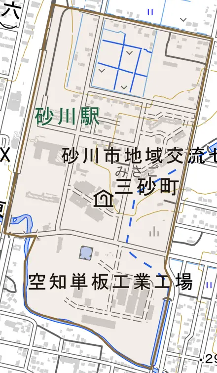 三砂町とその周辺の地図。町の範囲を重ねている