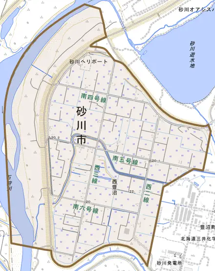 西豊沼とその周辺の地図。町の範囲を重ねている