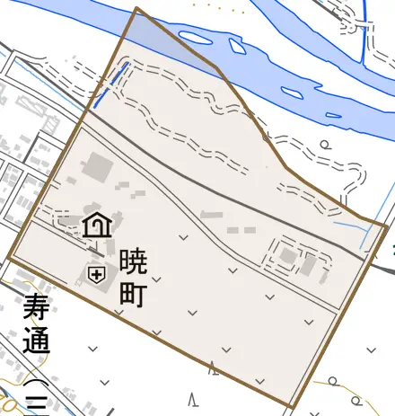 暁町とその周辺の地図。町の範囲を重ねている