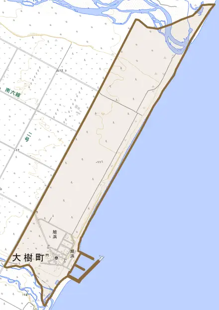 字旭浜とその周辺の地図。町の範囲を重ねている