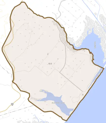 字晩成とその周辺の地図。町の範囲を重ねている