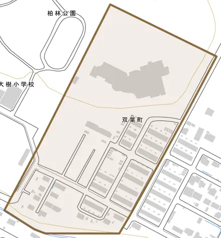 双葉町とその周辺の地図。町の範囲を重ねている